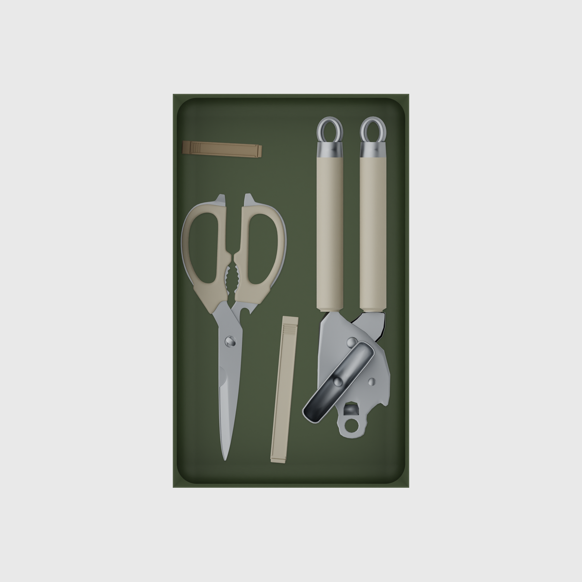 10×6 organiser with kitchen scissors, can opener and clips — OliveGreen