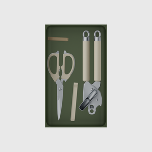 10×6 organiser with kitchen scissors, can opener and clips — OliveGreen