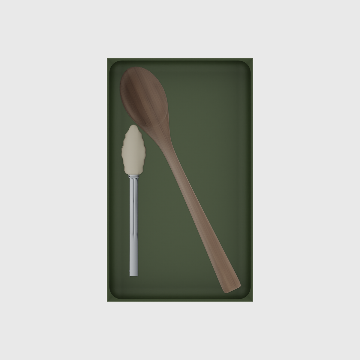 10×6 organiser with bamboo spoon and silicone tongs — OliveGreen
