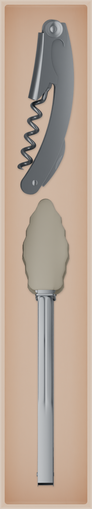 Long tray organiser – 11×2 (324.5 × 59 mm) in Army Beige, shown with a corkscrew and kitchen tongs. Top view.