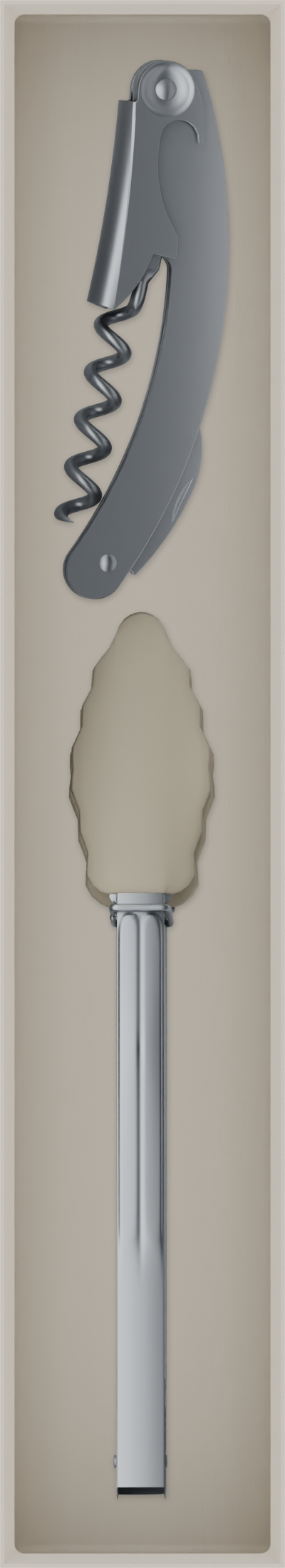 Long tray organiser – 11×2 (324.5 × 59 mm) in Muted White, shown with a corkscrew and kitchen tongs. Top view.