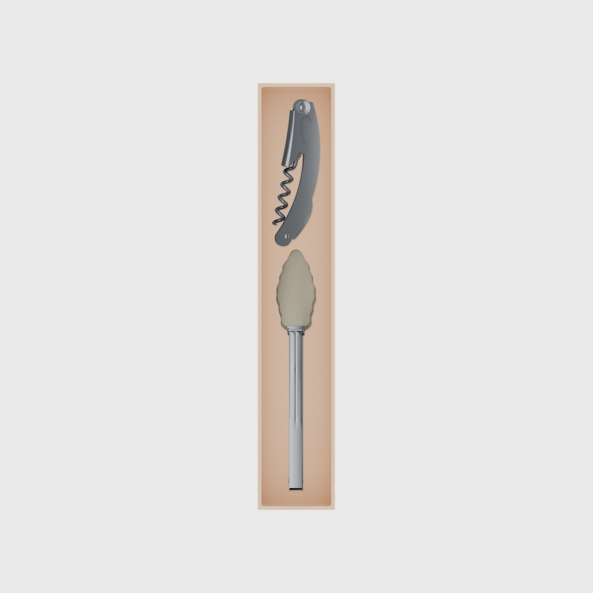 Long tray organiser – 11×2 (324.5 × 59 mm) in Army Beige, shown with a corkscrew and kitchen tongs. Top view.
