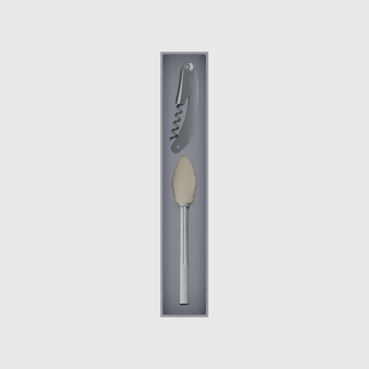 Long tray organiser – 11×2 (324.5 × 59 mm) in Fossil Grey, shown with a corkscrew and kitchen tongs. Top view.