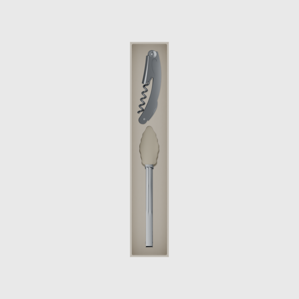 Long tray organiser – 11×2 (324.5 × 59 mm) in Muted White, shown with a corkscrew and kitchen tongs. Top view.
