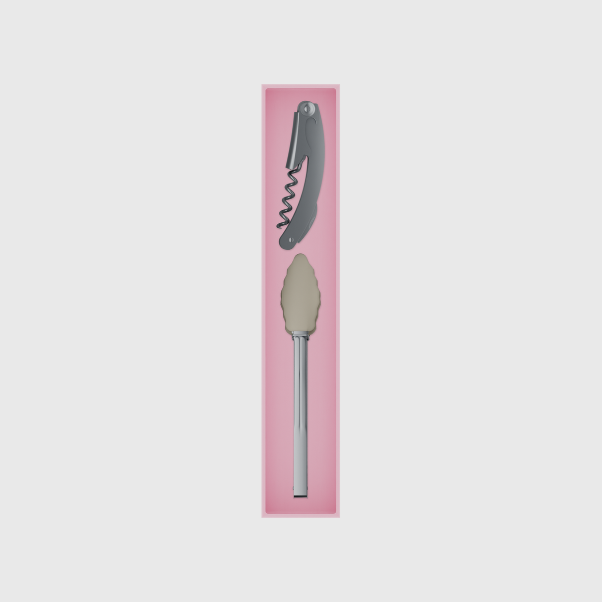 Long tray organiser – 11×2 (324.5 × 59 mm) in Sakura Pink, shown with a corkscrew and kitchen tongs. Top view.