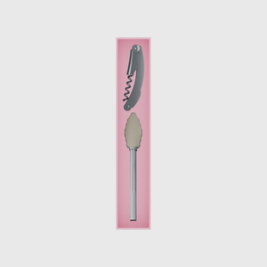 Long tray organiser – 11×2 (324.5 × 59 mm) in Sakura Pink, shown with a corkscrew and kitchen tongs. Top view.