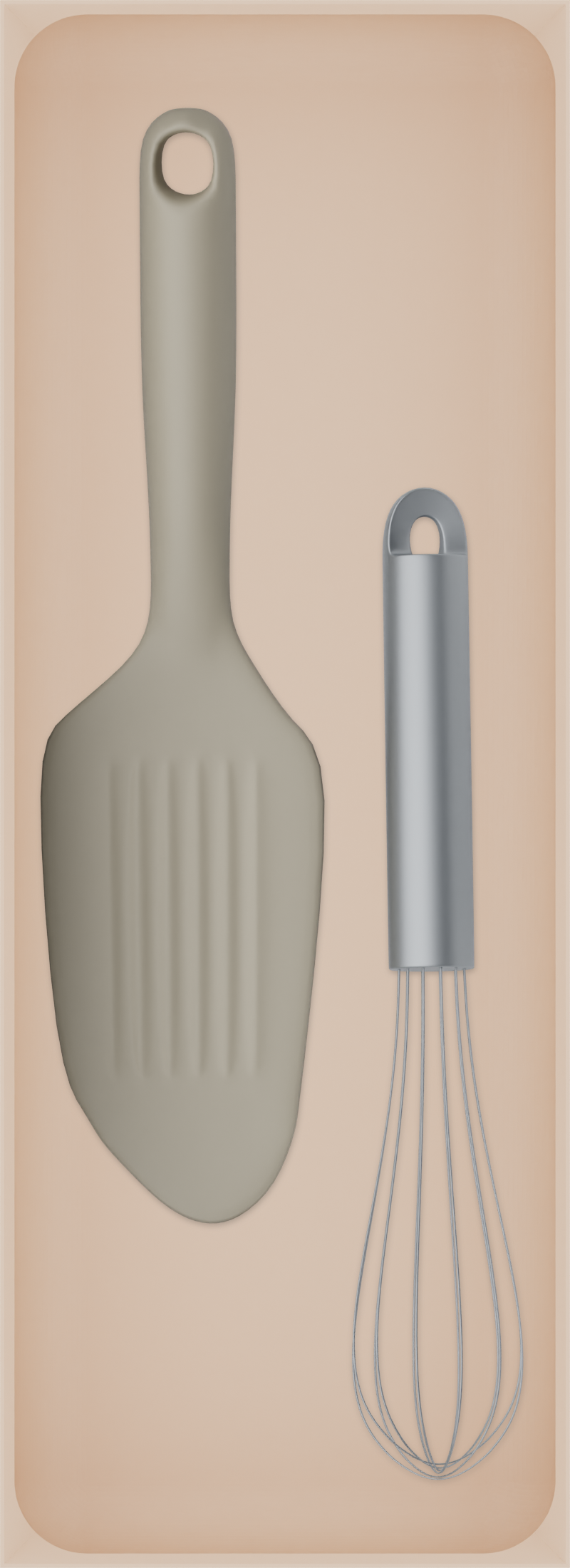Long tray organiser – 11×4 (324.5 × 118 mm) in Army Beige, shown with a whisk and bench scraper. Top view.