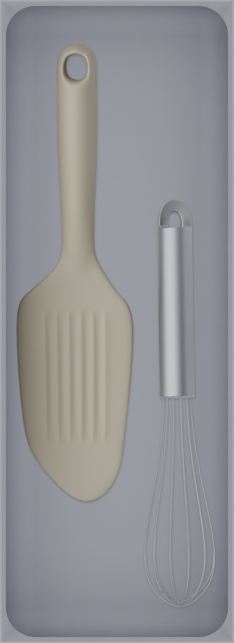 Long tray organiser – 11×4 (324.5 × 118 mm) in Fossil Grey, shown with a whisk and bench scraper. Top view.