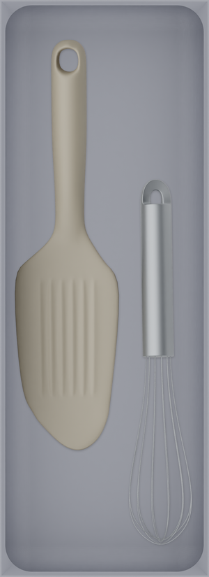 Long tray organiser – 11×4 (324.5 × 118 mm) in Fossil Grey, shown with a whisk and bench scraper. Top view.
