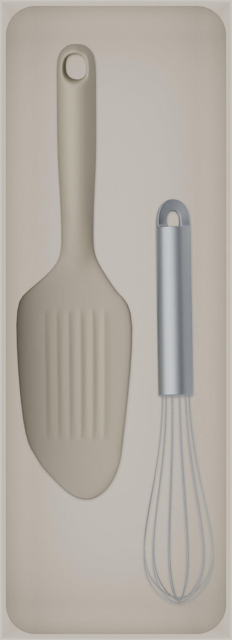 Long tray organiser – 11×4 (324.5 × 118 mm) in Muted White, shown with a whisk and bench scraper. Top view.