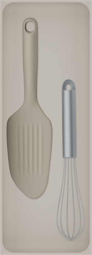 Long tray organiser – 11×4 (324.5 × 118 mm) in Muted White, shown with a whisk and bench scraper. Top view.
