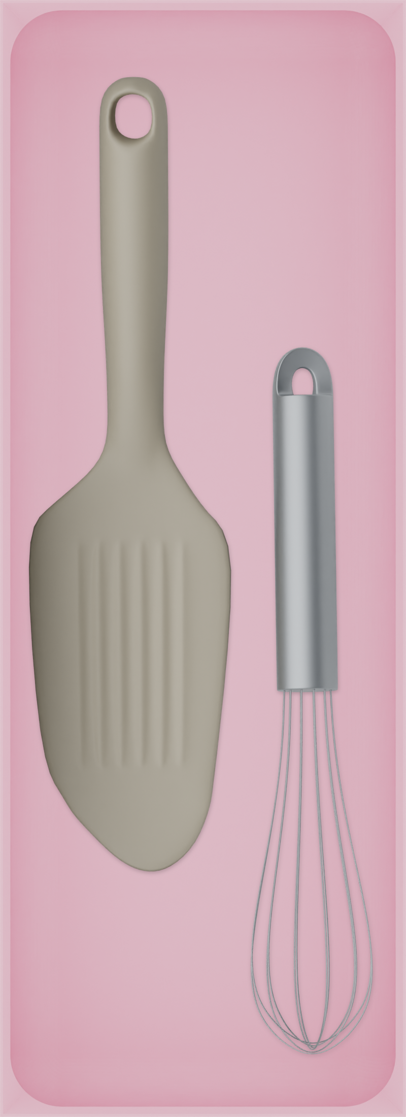 Long tray organiser – 11×4 (324.5 × 118 mm) in Sakura Pink, shown with a whisk and bench scraper. Top view.