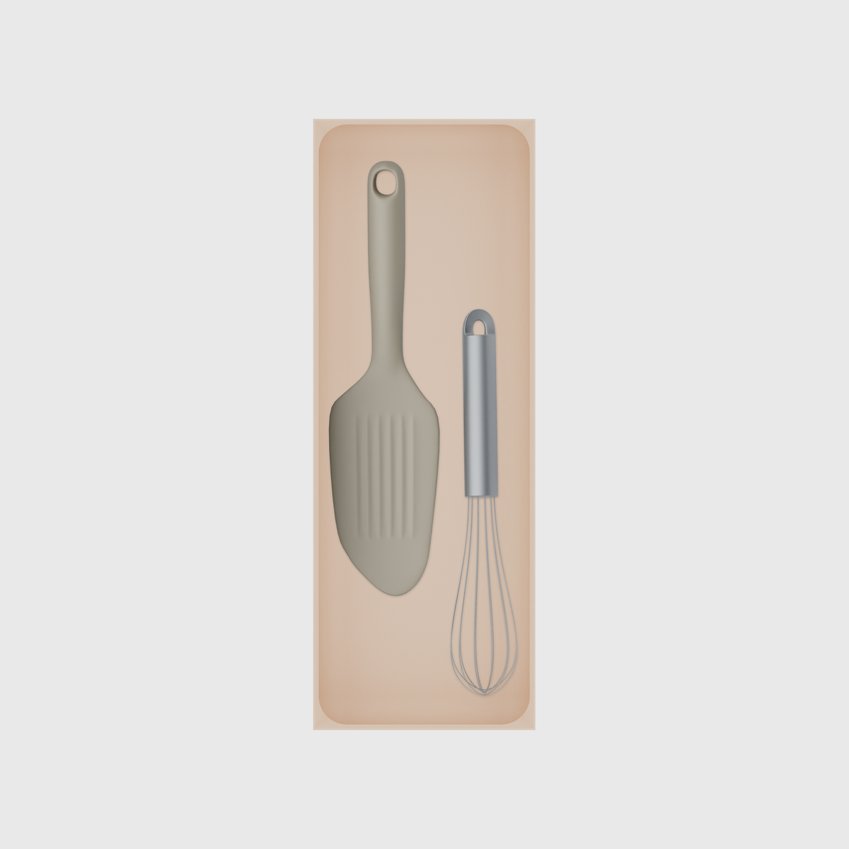 Long tray organiser – 11×4 (324.5 × 118 mm) in Army Beige, shown with a whisk and bench scraper. Top view.