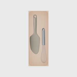 Long tray organiser – 11×4 (324.5 × 118 mm) in Army Beige, shown with a whisk and bench scraper. Top view.