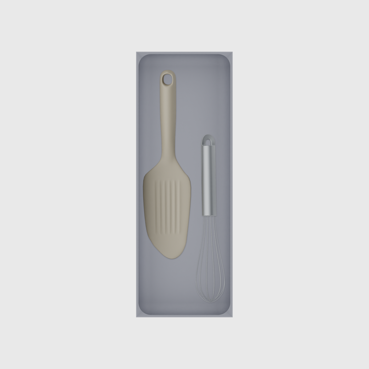 Long tray organiser – 11×4 (324.5 × 118 mm) in Fossil Grey, shown with a whisk and bench scraper. Top view.