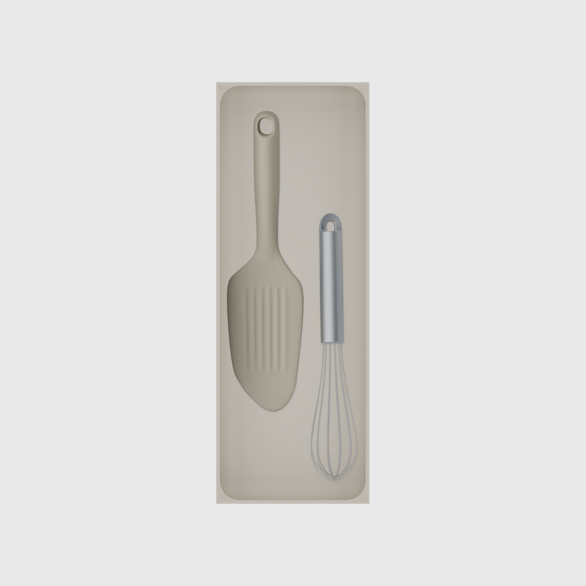 Long tray organiser – 11×4 (324.5 × 118 mm) in Muted White, shown with a whisk and bench scraper. Top view.