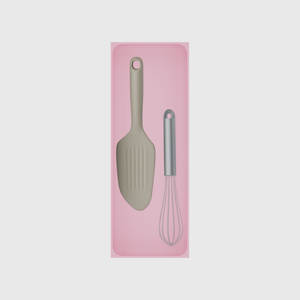 Long tray organiser – 11×4 (324.5 × 118 mm) in Sakura Pink, shown with a whisk and bench scraper. Top view.