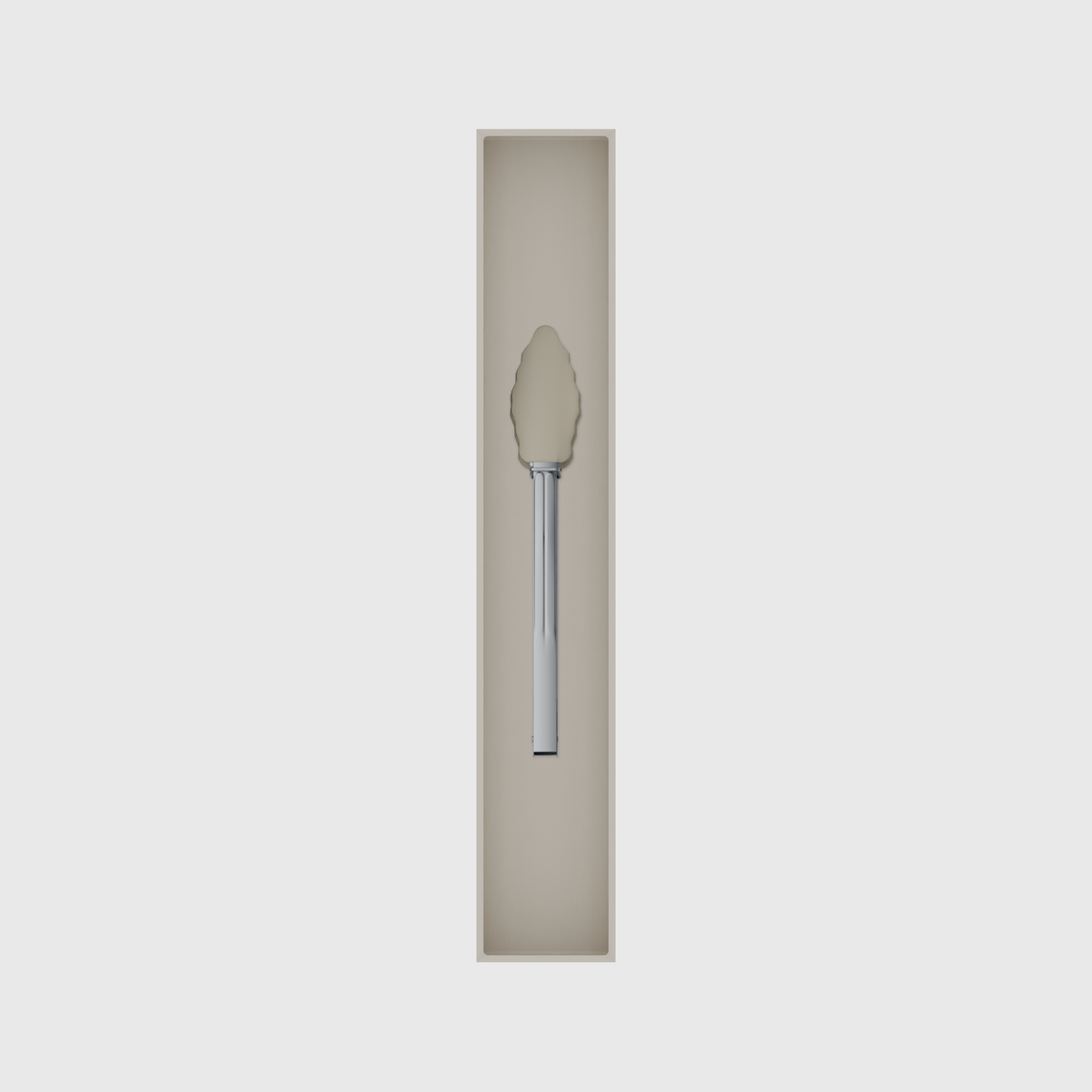 Long tray organiser – 12×2 (354 × 59 mm) in Muted White, shown with kitchen tongs. Top view.