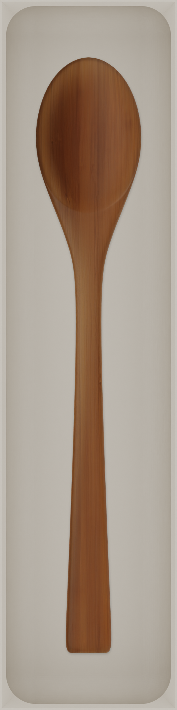 Long tray organiser – 12×3 (354 × 88.5 mm) in Muted White, shown with a wooden cooking spoon. Top view.