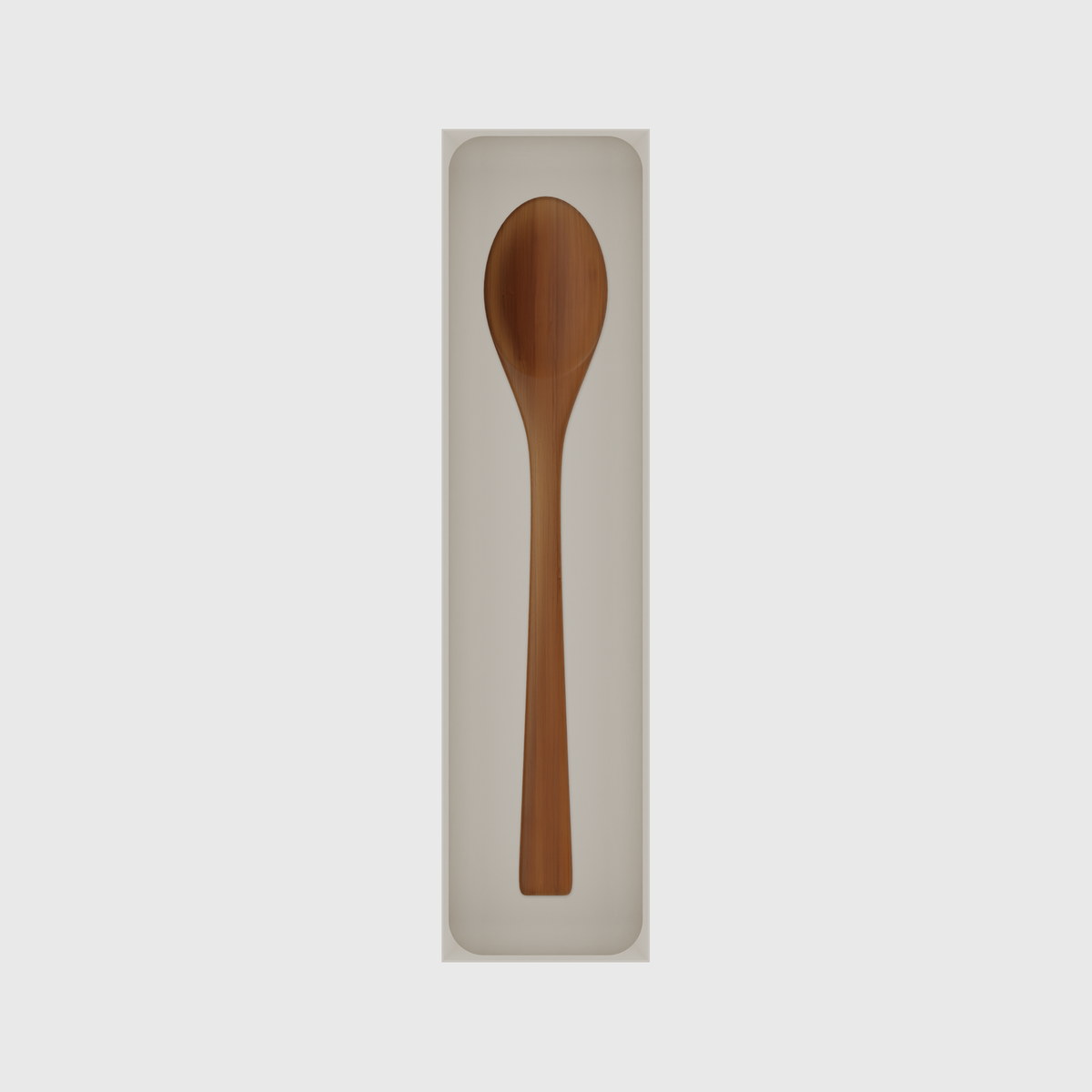 Long tray organiser – 12×3 (354 × 88.5 mm) in Muted White, shown with a wooden cooking spoon. Top view.