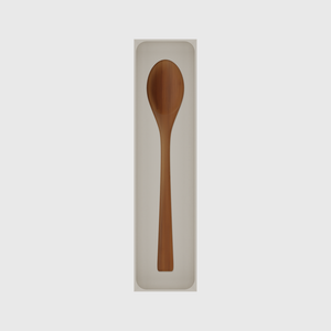 Long tray organiser – 12×3 (354 × 88.5 mm) in Muted White, shown with a wooden cooking spoon. Top view.
