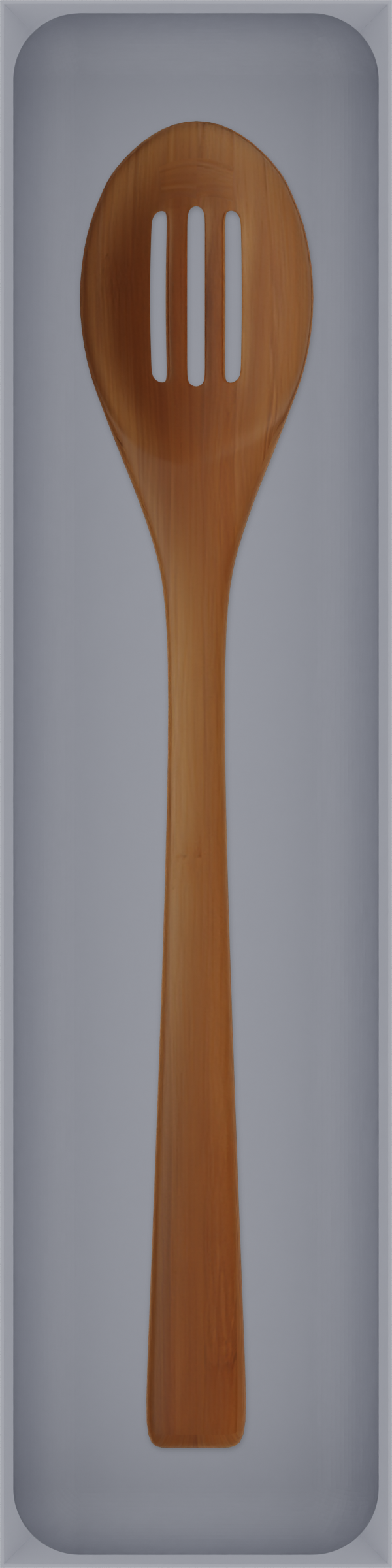 Long tray organiser – 12×3 (354 × 88.5 mm) in Fossil Grey, shown with a slotted cooking spoon. Top view.