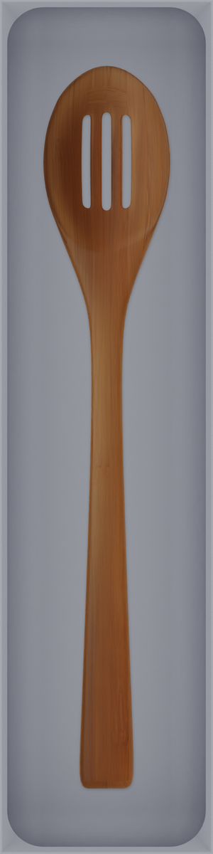 Long tray organiser – 12×3 (354 × 88.5 mm) in Fossil Grey, shown with a slotted cooking spoon. Top view.