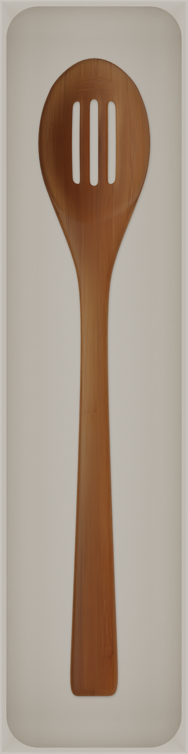 Long tray organiser – 12×3 (354 × 88.5 mm) in Muted White, shown with a slotted cooking spoon. Top view.