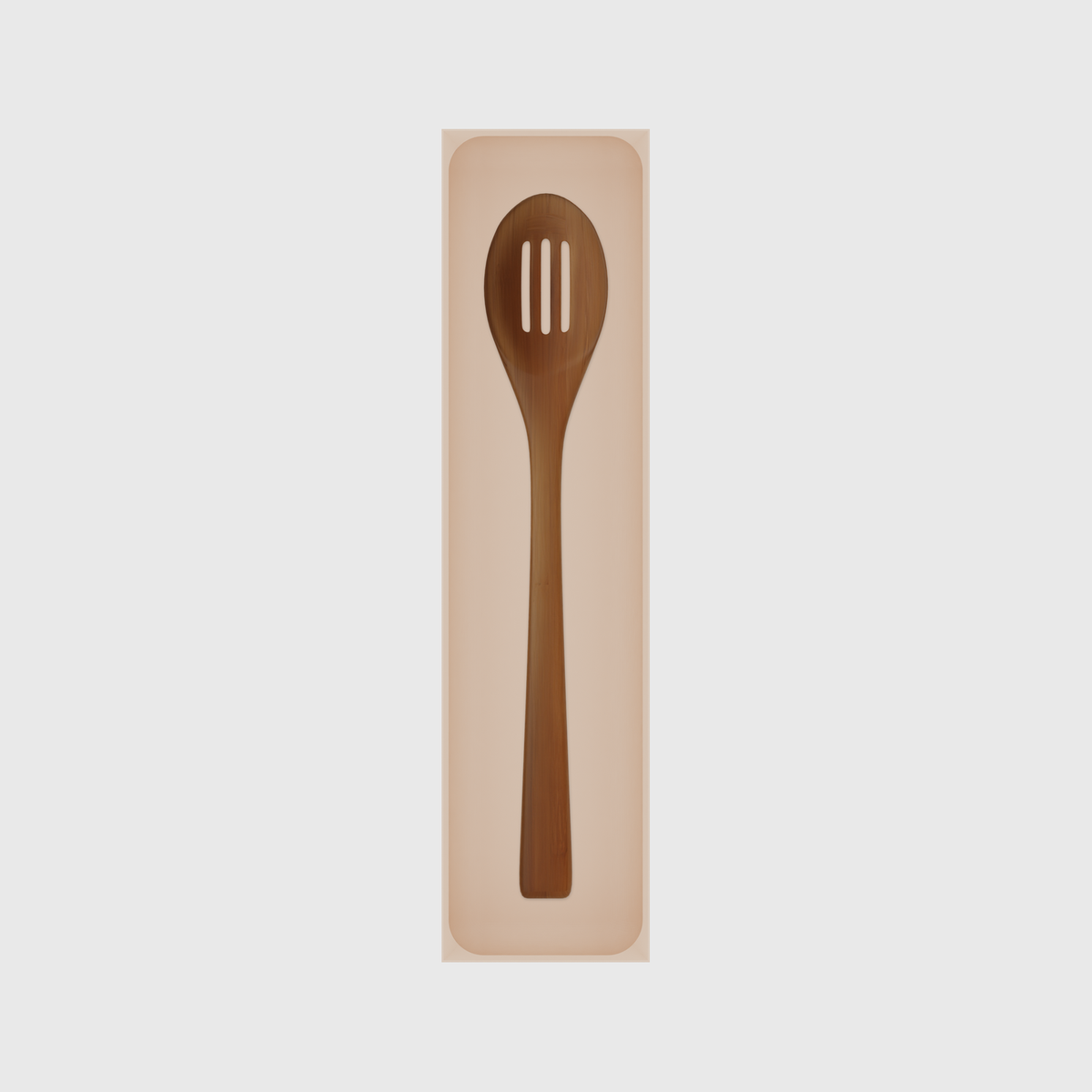 Long tray organiser – 12×3 (354 × 88.5 mm) in Army Beige, shown with a slotted cooking spoon. Top view.