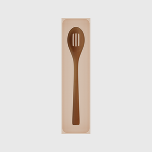 Long tray organiser – 12×3 (354 × 88.5 mm) in Army Beige, shown with a slotted cooking spoon. Top view.