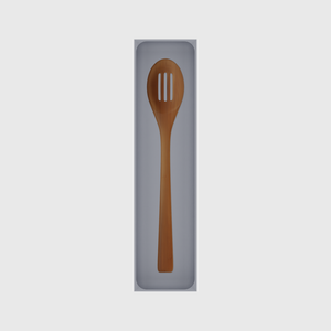 Long tray organiser – 12×3 (354 × 88.5 mm) in Fossil Grey, shown with a slotted cooking spoon. Top view.
