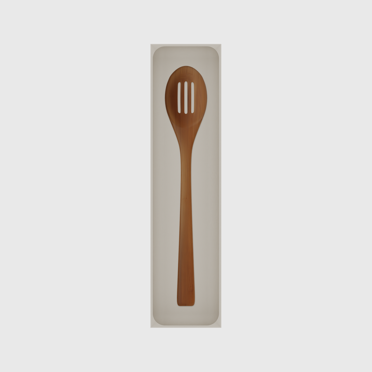 Long tray organiser – 12×3 (354 × 88.5 mm) in Muted White, shown with a slotted cooking spoon. Top view.