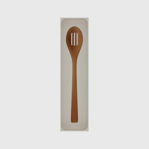 Long tray organiser – 12×3 (354 × 88.5 mm) in Muted White, shown with a slotted cooking spoon. Top view.