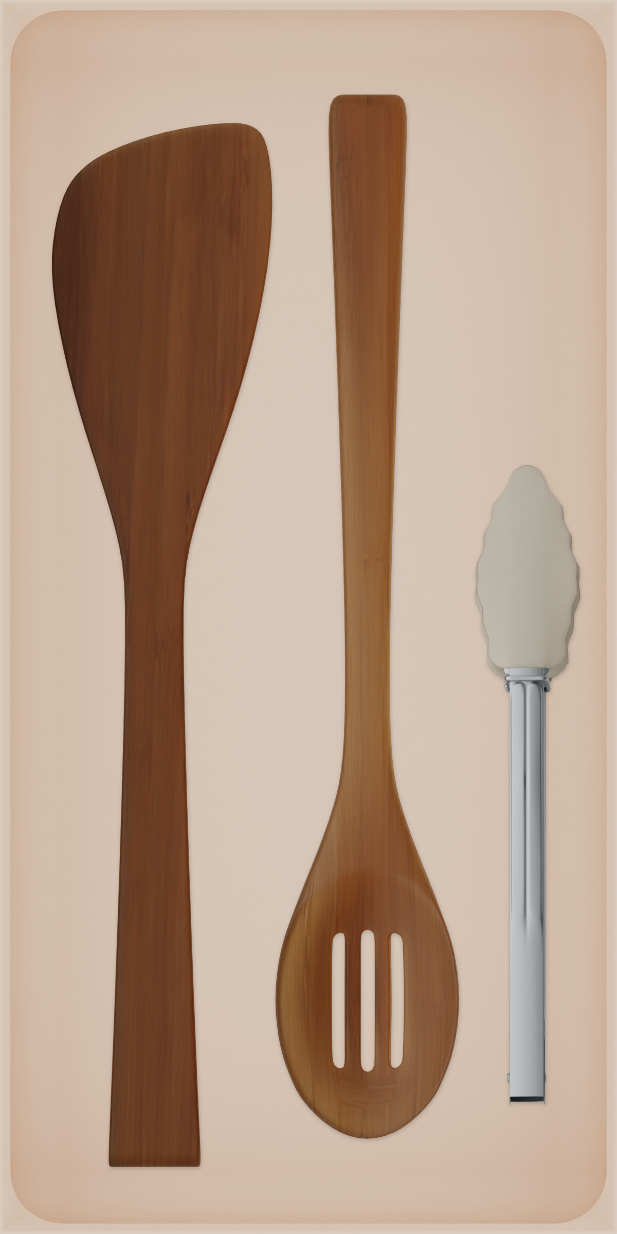 Long tray organiser – 12×6 (354 × 177 mm) in Army Beige, shown with cooking utensils. Top view.