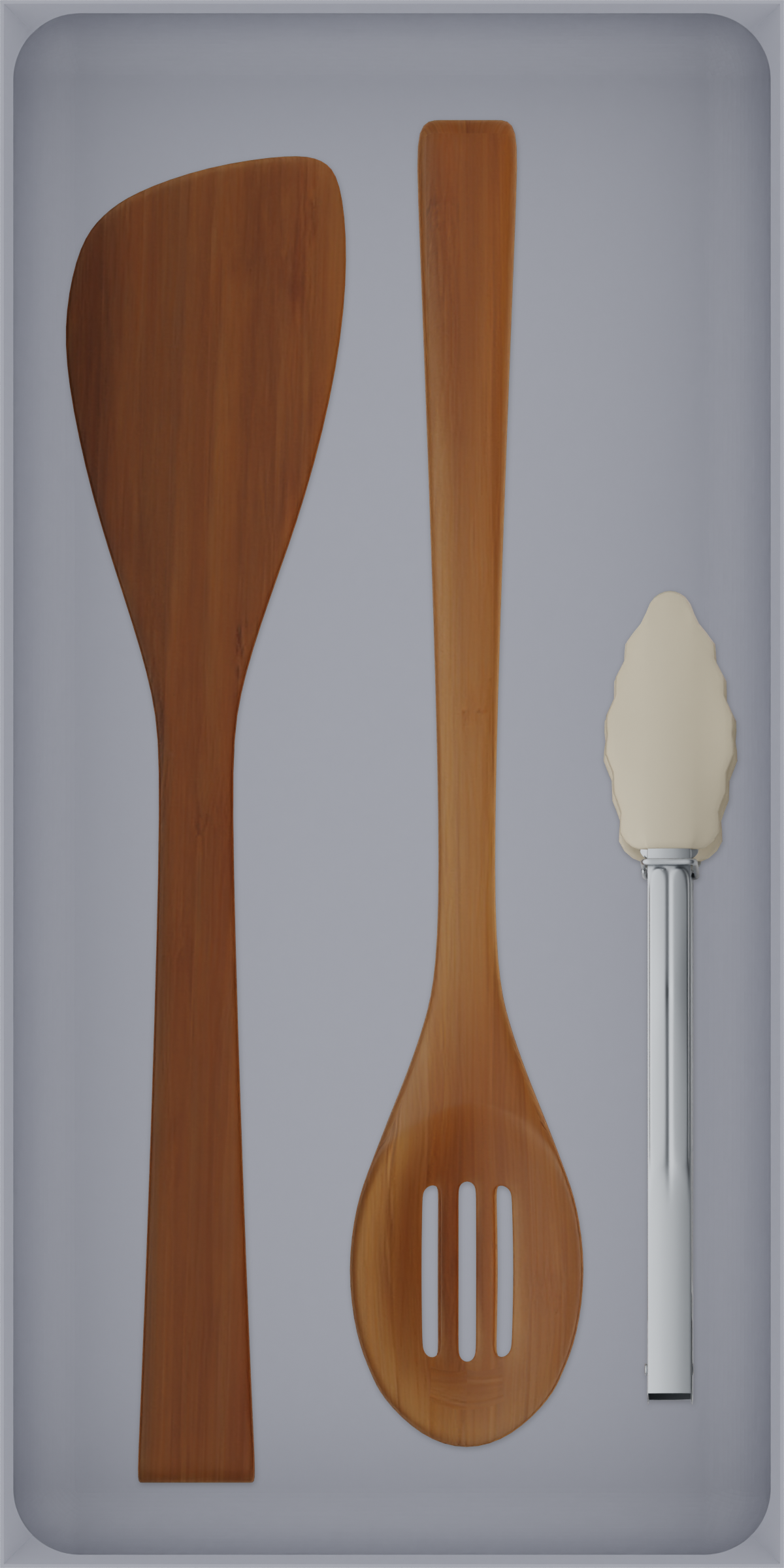 Long tray organiser – 12×6 (354 × 177 mm) in Fossil Grey, shown with cooking utensils. Top view.