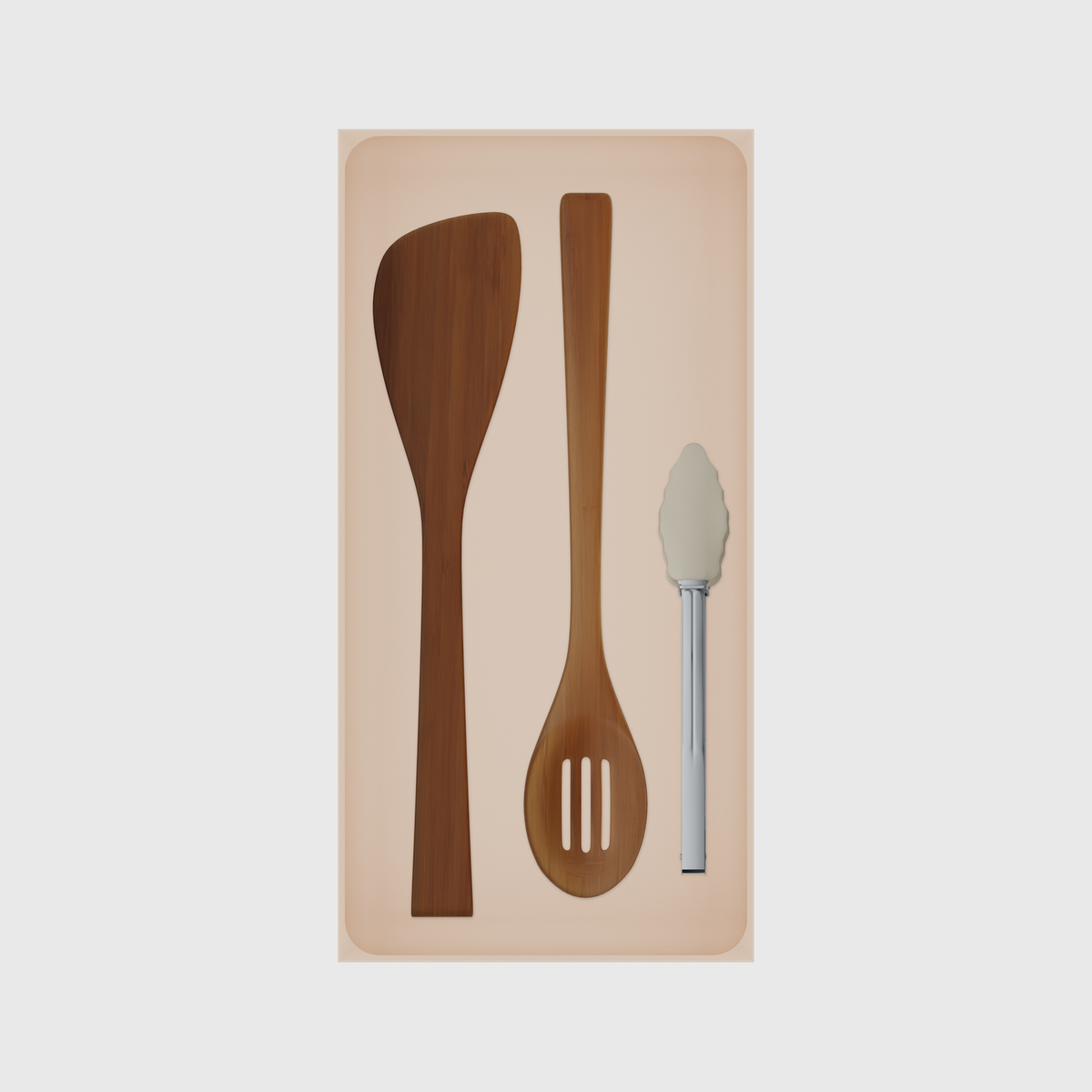 Long tray organiser – 12×6 (354 × 177 mm) in Army Beige, shown with cooking utensils. Top view.