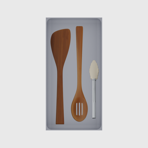 Long tray organiser – 12×6 (354 × 177 mm) in Fossil Grey, shown with cooking utensils. Top view.
