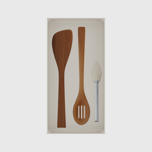 Long tray organiser – 12×6 (354 × 177 mm) in Muted White, shown with cooking utensils. Top view.