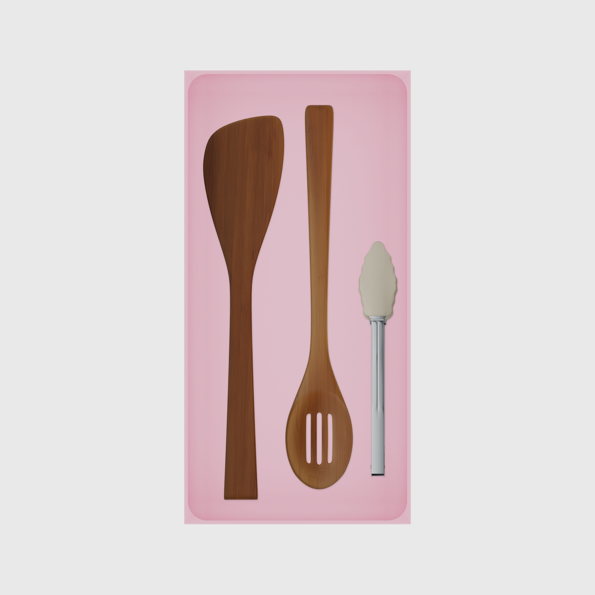 Long tray organiser – 12×6 (354 × 177 mm) in Sakura Pink, shown with cooking utensils. Top view.