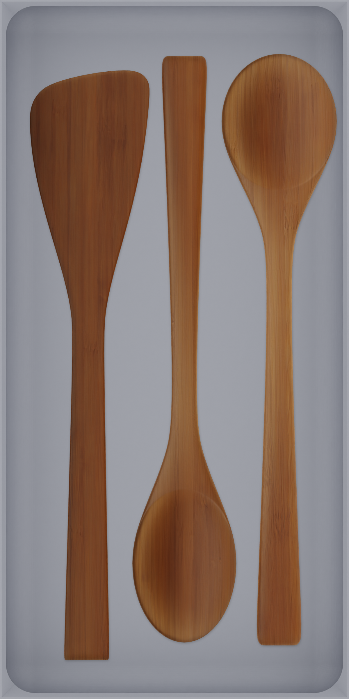 Long tray organiser – 12×6 (354 × 177 mm) in Fossil Grey, shown with bamboo kitchen utensils. Top view.