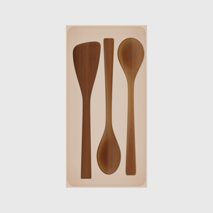 Long tray organiser – 12×6 (354 × 177 mm) in Army Beige, shown with bamboo kitchen utensils. Top view.