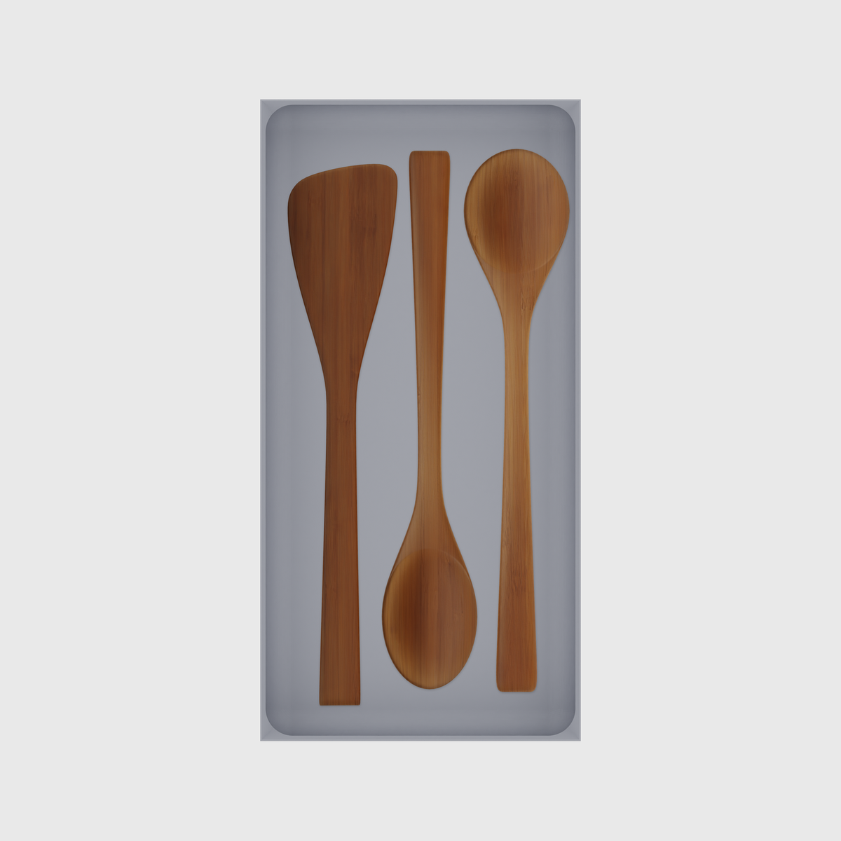 Long tray organiser – 12×6 (354 × 177 mm) in Fossil Grey, shown with bamboo kitchen utensils. Top view.