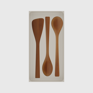 Long tray organiser – 12×6 (354 × 177 mm) in Muted White, shown with bamboo kitchen utensils. Top view.
