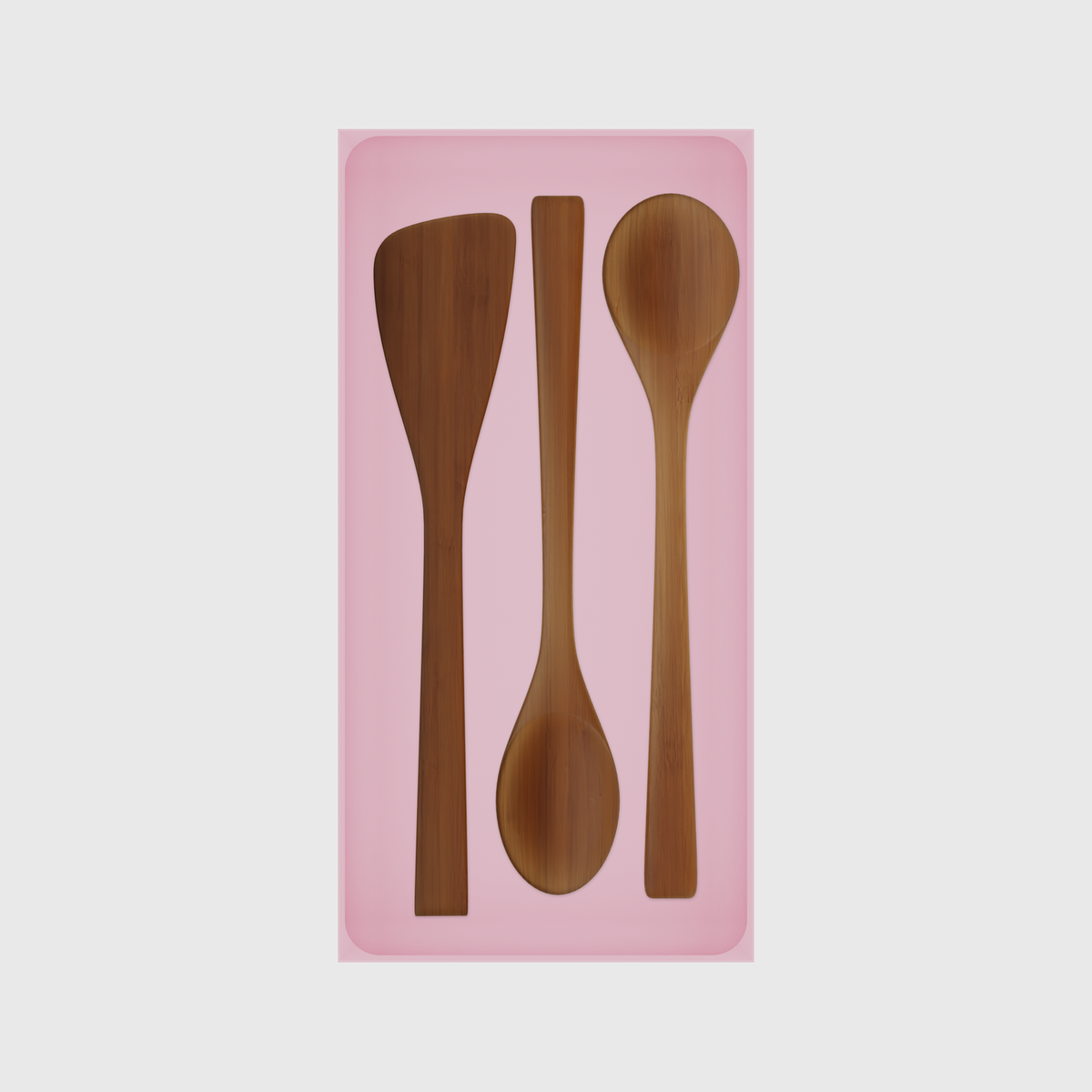 Long tray organiser – 12×6 (354 × 177 mm) in Sakura Pink, shown with bamboo kitchen utensils. Top view.