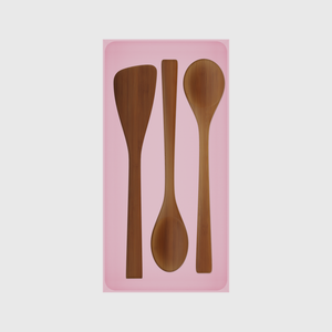 Long tray organiser – 12×6 (354 × 177 mm) in Sakura Pink, shown with bamboo kitchen utensils. Top view.