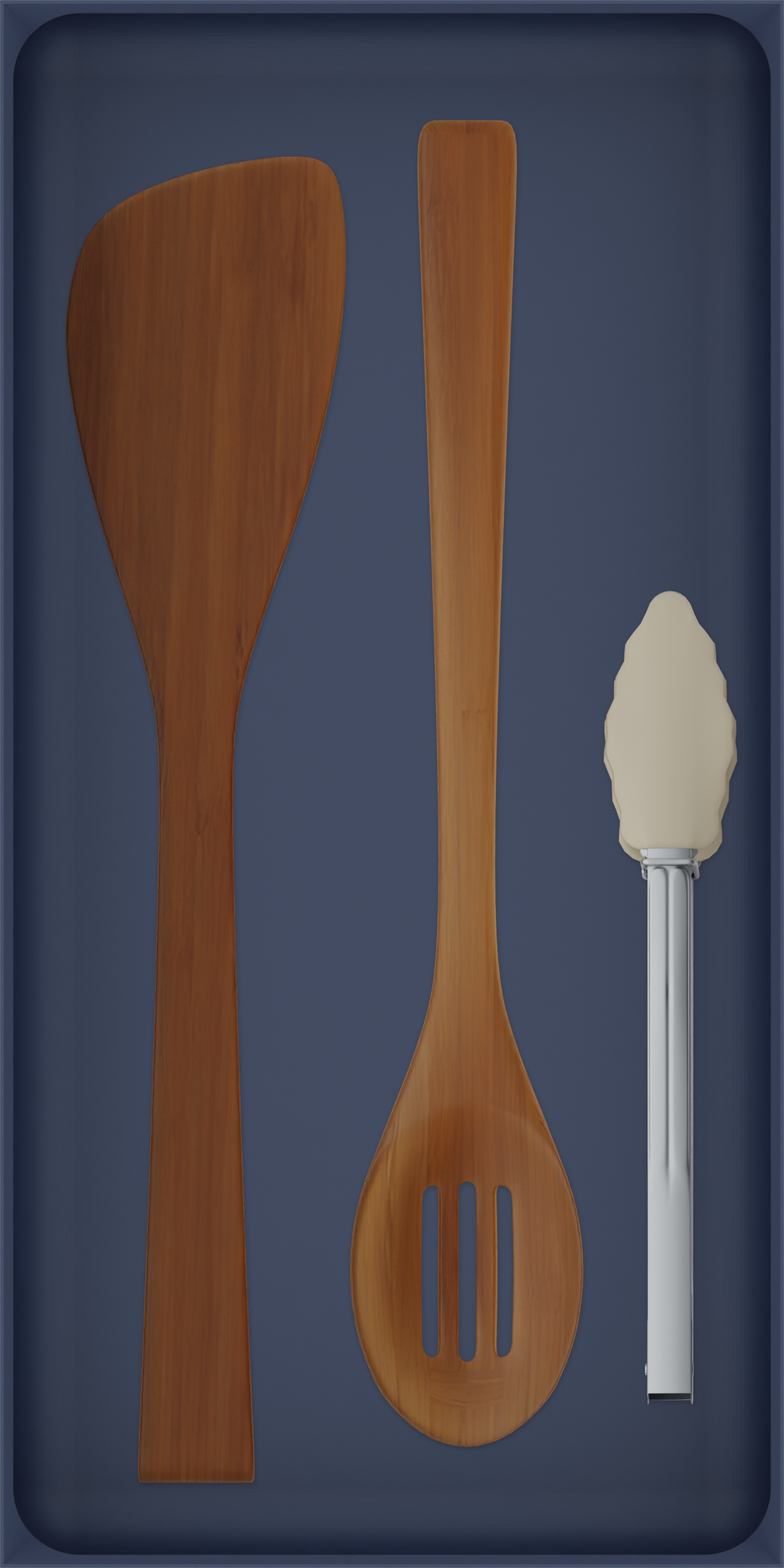 12×6 organiser with bamboo spatula, bamboo slotted spoon, silicone tongs — ArmyBlue