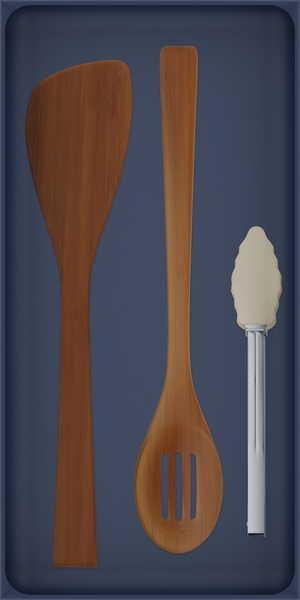 12×6 organiser with bamboo spatula, bamboo slotted spoon, silicone tongs — ArmyBlue