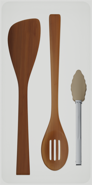 12×6 organiser with bamboo spatula, bamboo slotted spoon, silicone tongs — CottonWhite