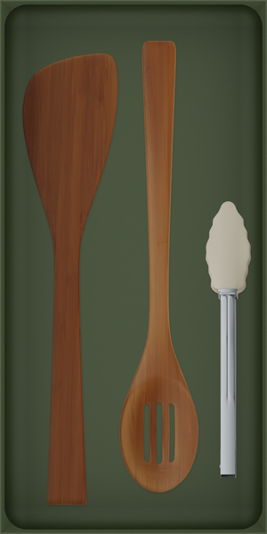 12×6 organiser with bamboo spatula, bamboo slotted spoon, silicone tongs — OliveGreen