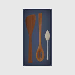 12×6 organiser with bamboo spatula, bamboo slotted spoon, silicone tongs — ArmyBlue